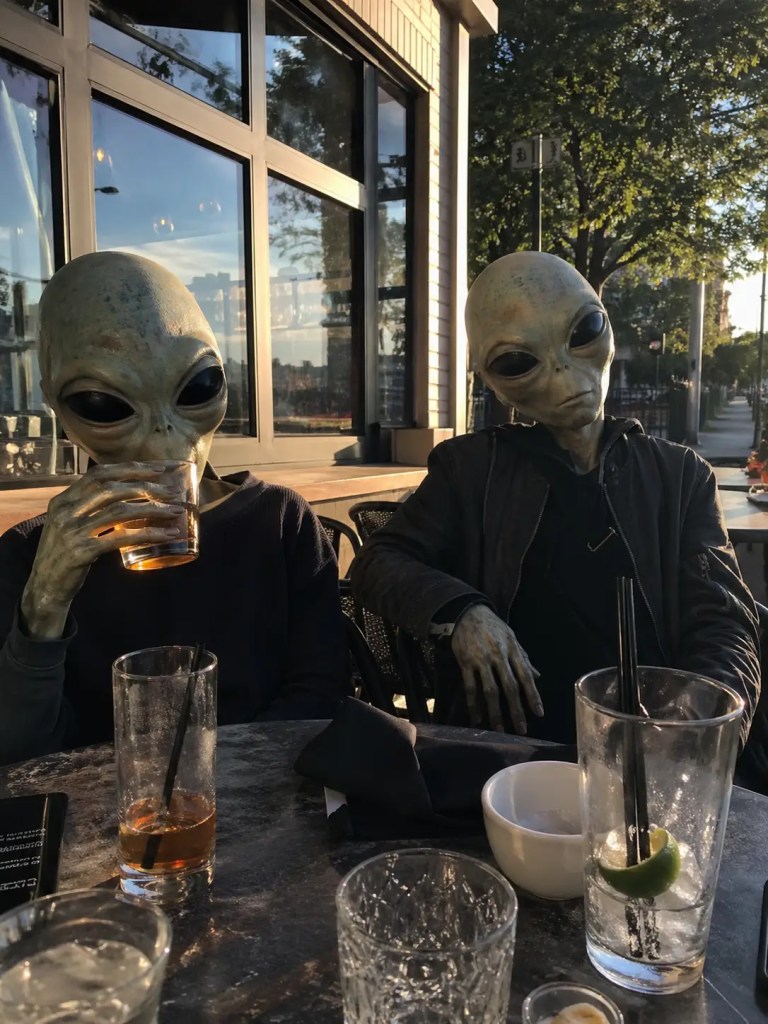 Immagine generata da GPT-5.5 due alieni context:sitting at an outdoor cafe in late afternoon
