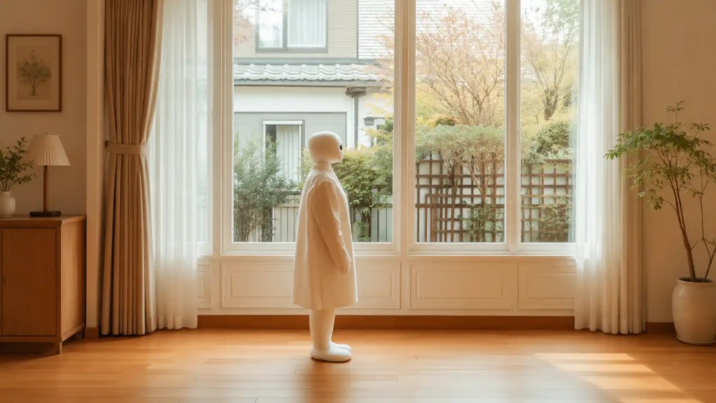 Future of AI nel 2026 Un robot umanoide in camice bianco è in piedi vicino a una finestra e guarda fuori. L'atmosfera serena fonde tecnologia e natura.